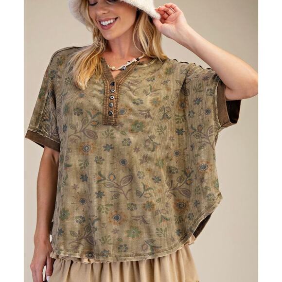Easesl womens Set PRINTED WASHED WAFFLE PANTS / TOP Floral Olive Mineral wash - Picture 5 of 5